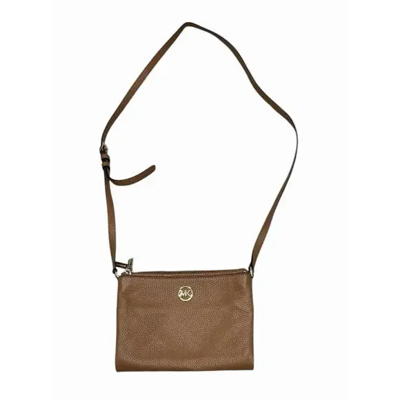 Michael Kors Fulton Double Zip Crossbody Pebble Leather Brown W/ Gold Hardware - Picture 2 of 12